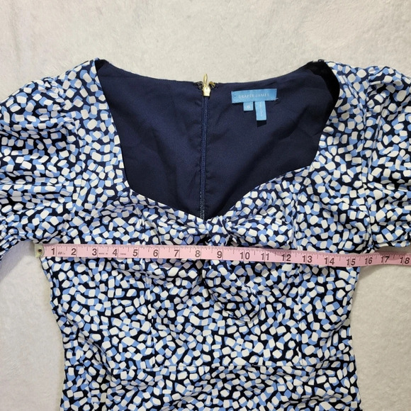 Draper James Patsy Dress In Square Geo Blue Cream Ruffled Sleeves Tie Front Sz 6 - Picture 12 of 13
